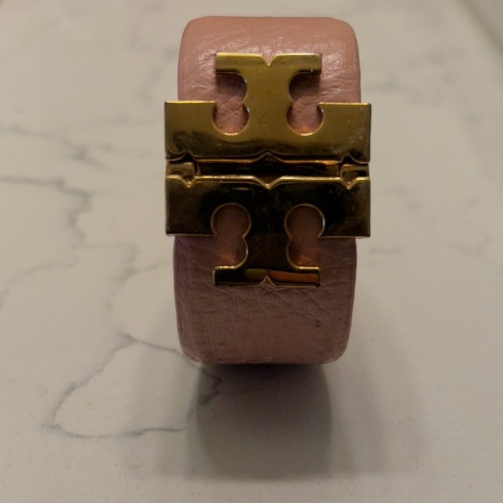 Tory Burch Blush Pink Leather Bracelet with Gold Logo Clasp